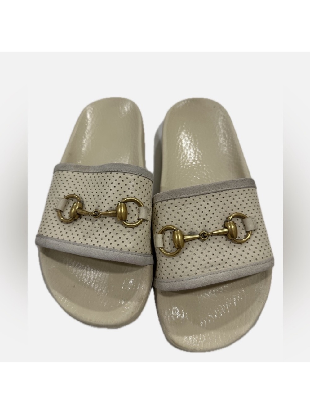Gucci Cream/light grey Leather Horsebit Slide Sandals